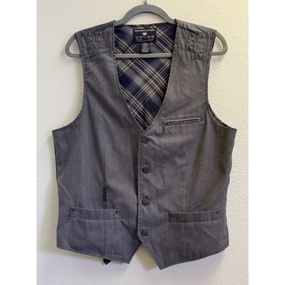Pop Icon Clothing Mens Grey Pinstripe Vest Plaid Lining Size Large Cinch Back
